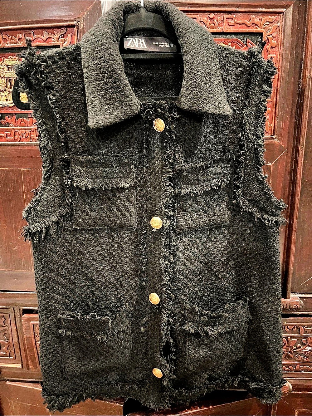 Zara Black Textured Frayed Trim Vest/Waistcoat with Gold Buttons Medium